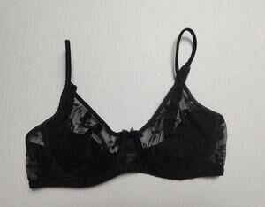 Vintage Cacique 36B Black Floral Lace Bow Semi Sheer Underwire Demi Bra